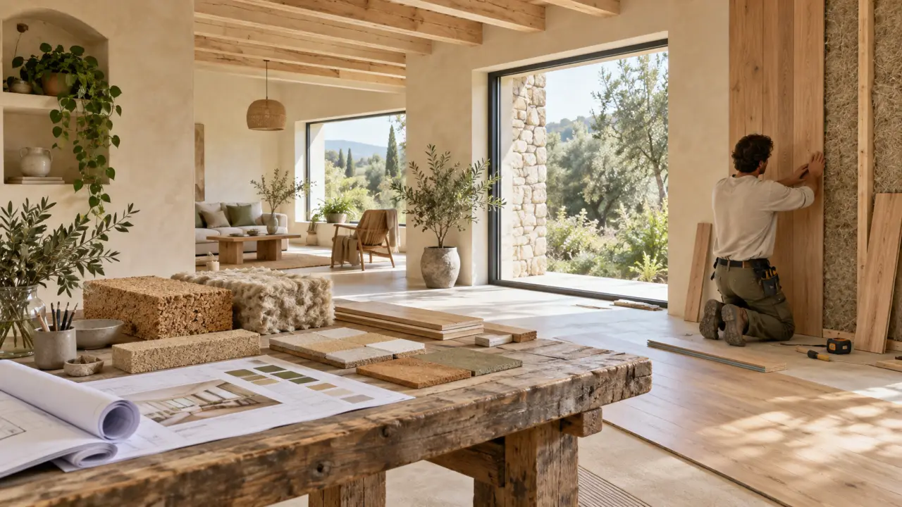 Salon lumineux rénové avec des matériaux naturels, du bois clair et des plantes