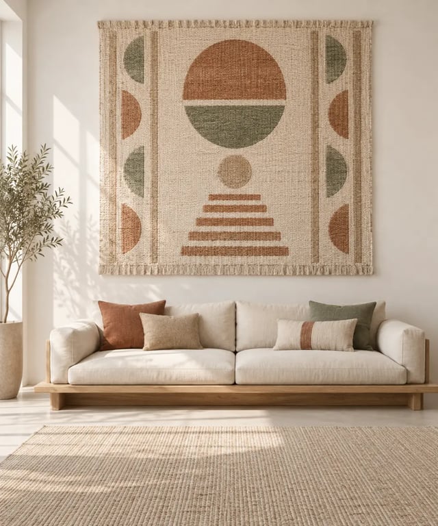 Tapis decoration murale berbère suspendu au-dessus d’un canapé dans un salon chaleureux