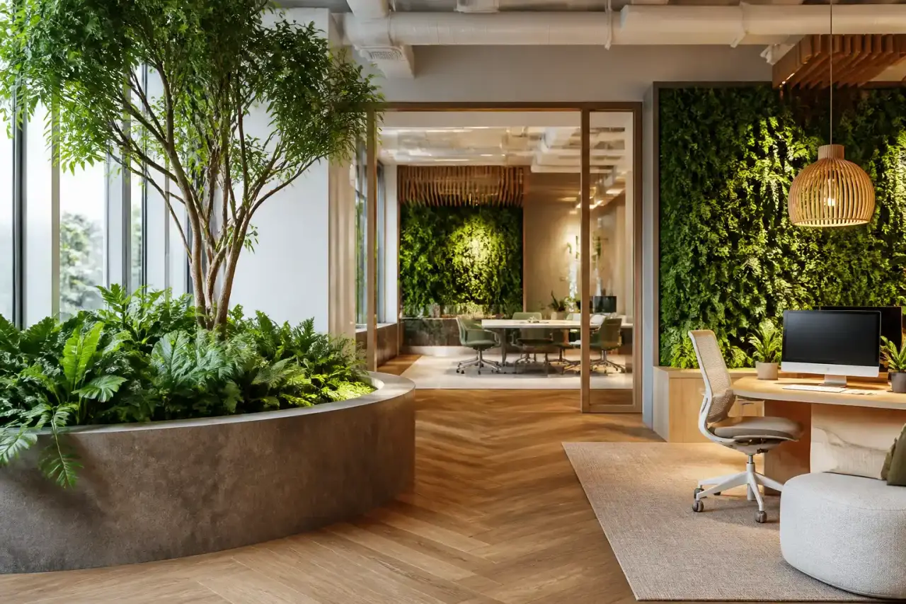 Salon lumineux biophilique avec matières naturelles et plantes