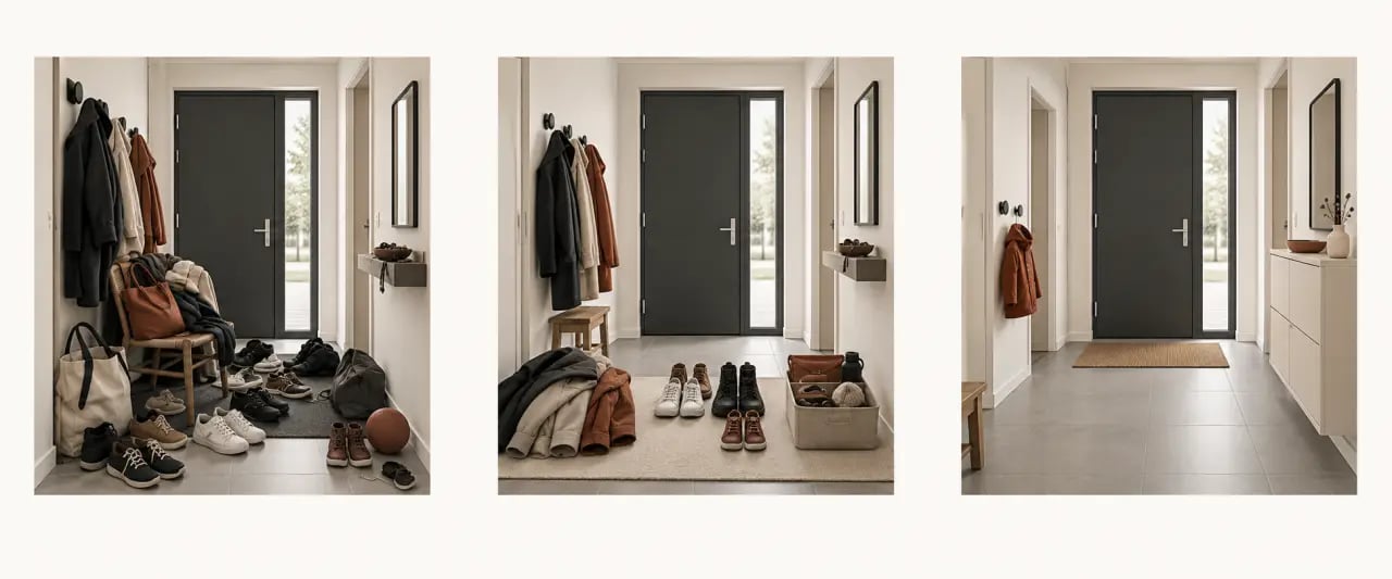 Avant après d’une entrée organisée dans une maison minimaliste