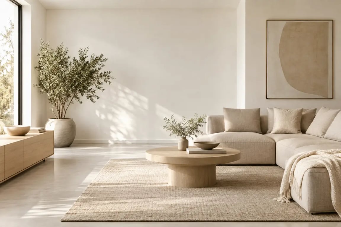Salon de maison minimaliste chaleureux avec bois clair, textiles naturels et rangements fermés