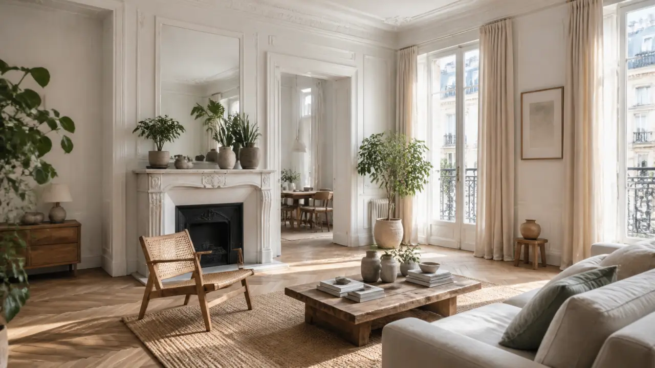 Salon haussmannien rénové avec matériaux naturels, lumineux et apaisant
