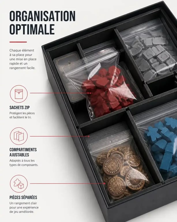 Idée rangement jeux de société avec boîtes ouvertes, sachets zip et compartiments internes