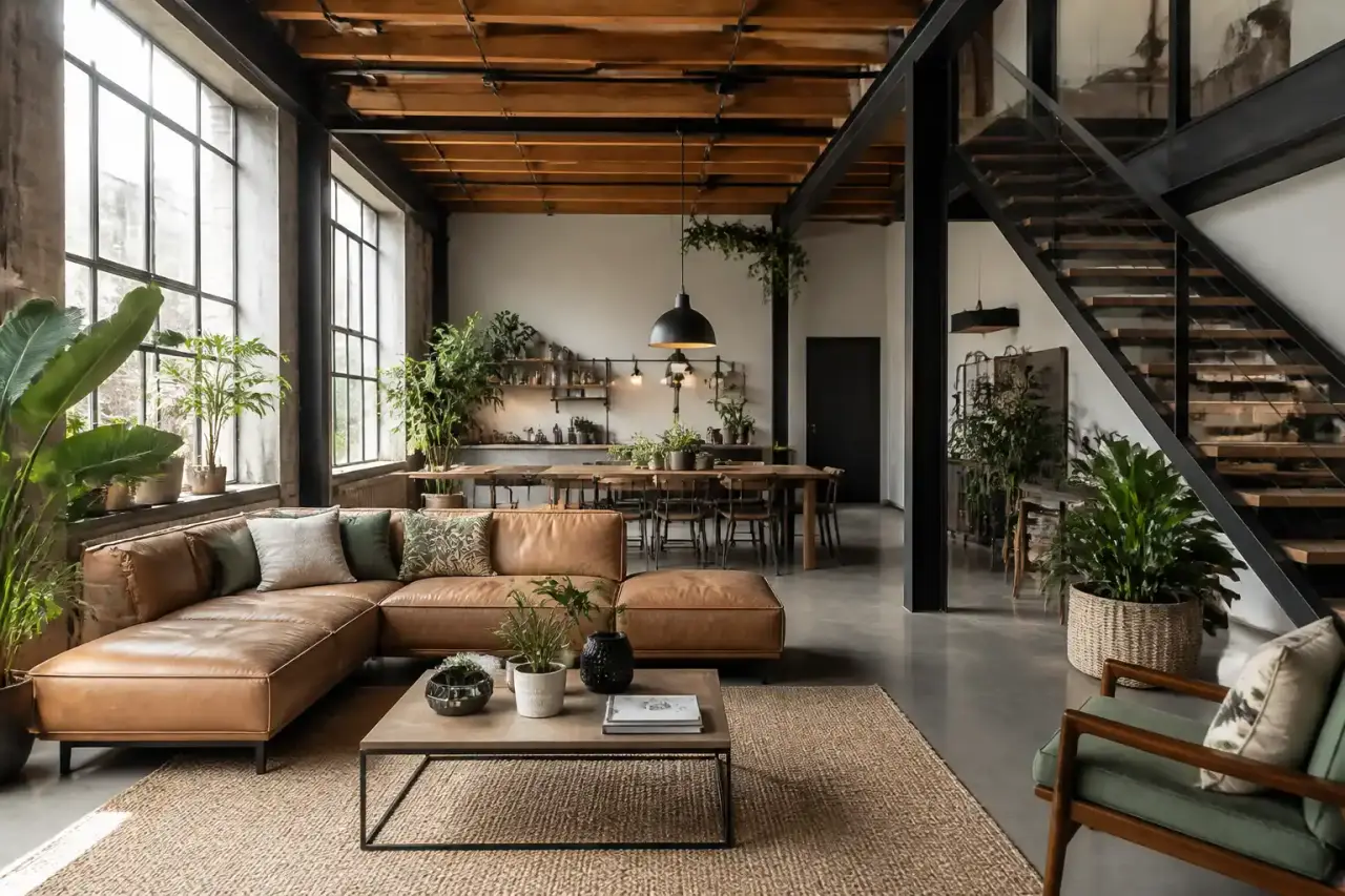 Loft industriel rénové avec des matériaux naturels, lumière douce et ambiance chaleureuse