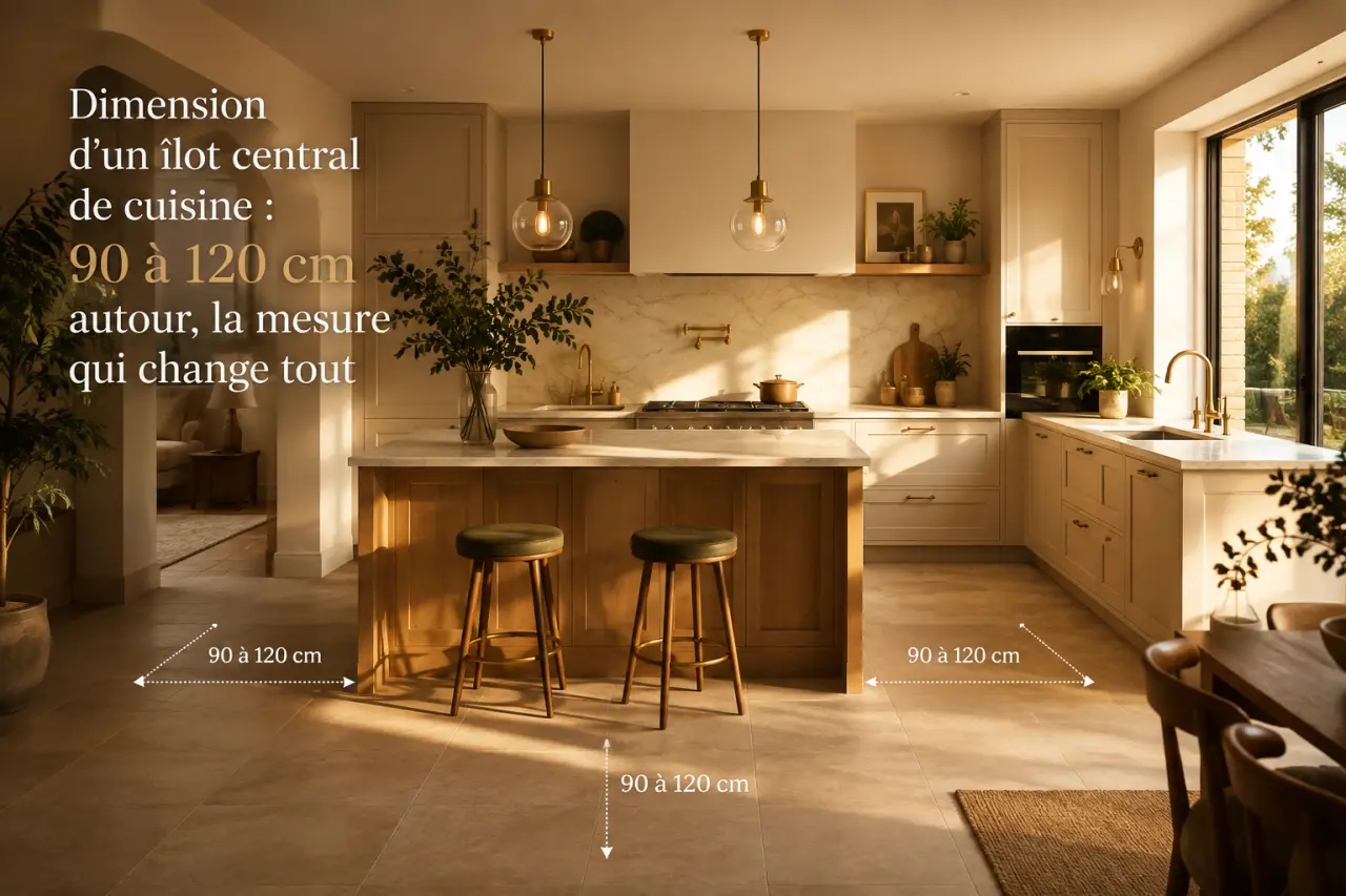 Dimension d’un îlot central de cuisine : 90 à 120 cm autour, la mesure qui change tout