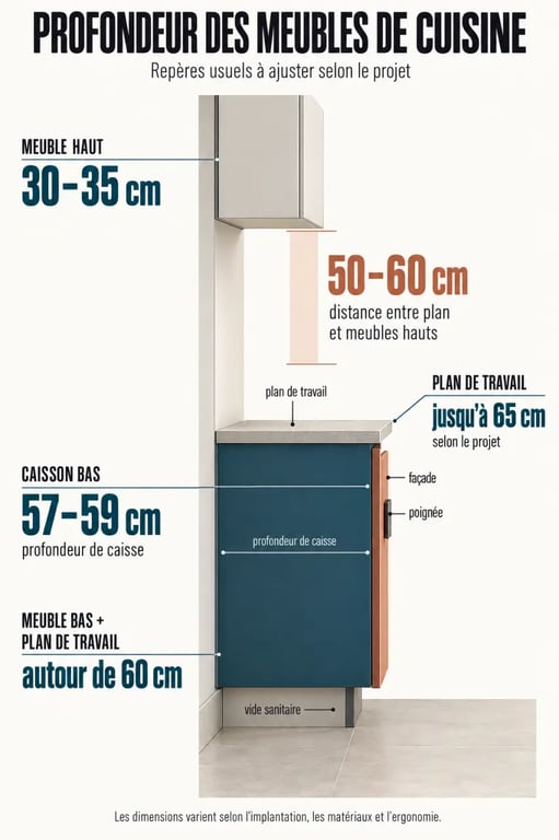 Infographie sur la profondeur des meubles de cuisine, du caisson bas au meuble haut