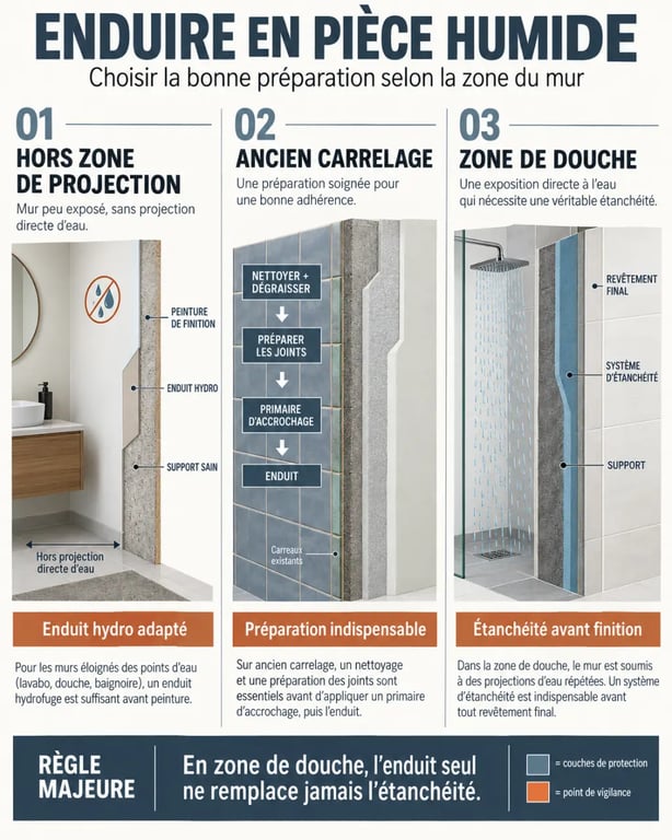 Infographie sur l’enduit pièce humide selon la zone du mur et le niveau d’exposition à l’eau