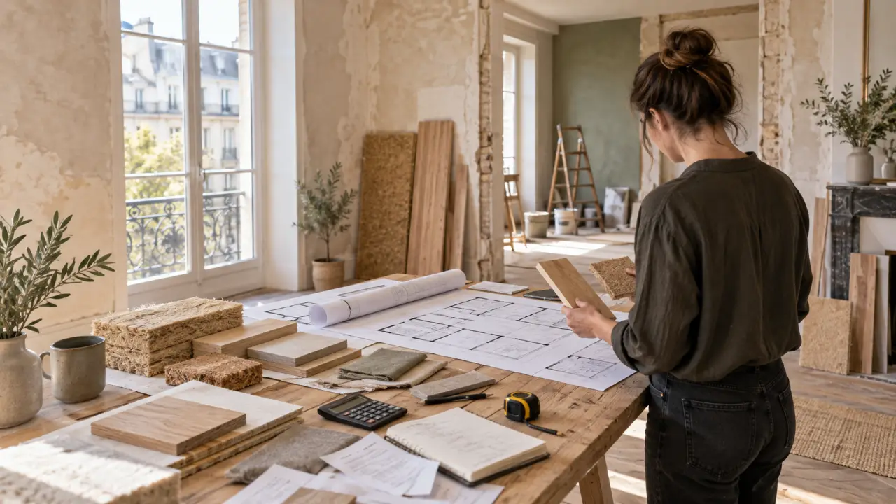 Intérieur rénové avec des matériaux biosourcés, du bois et des textiles naturels