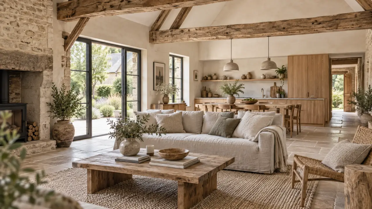 Intérieur lumineux d’une longère rénovée avec du bois, de la chaux et des textiles naturels