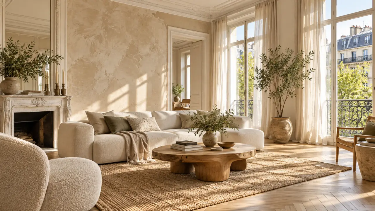 Salon rénové avec un enduit naturel aux tons sable, du bois clair et des plantes vertes