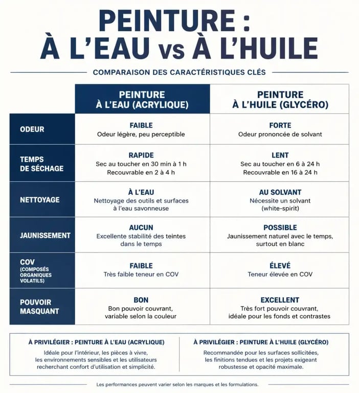 Tableau comparatif peinture à l'eau vs peinture à l'huile