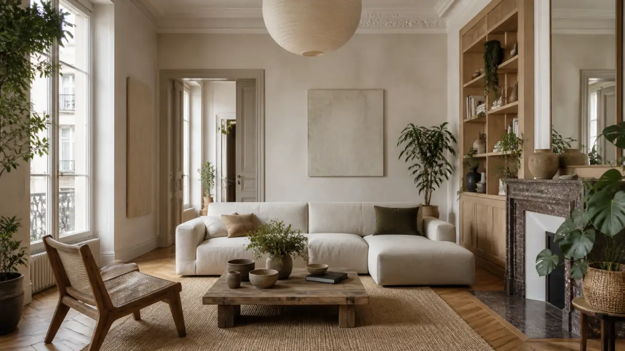 Salon lumineux rénové avec matériaux naturels, plantes et ambiance zen