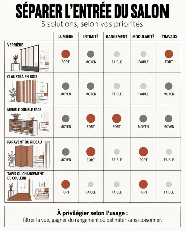 Idée séparation entrée salon : comparaison visuelle de la verrière, du claustra, du meuble et du paravent
