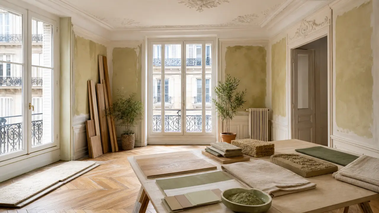 Intérieur rénové avec matériaux naturels, lumière douce et ambiance chaleureuse