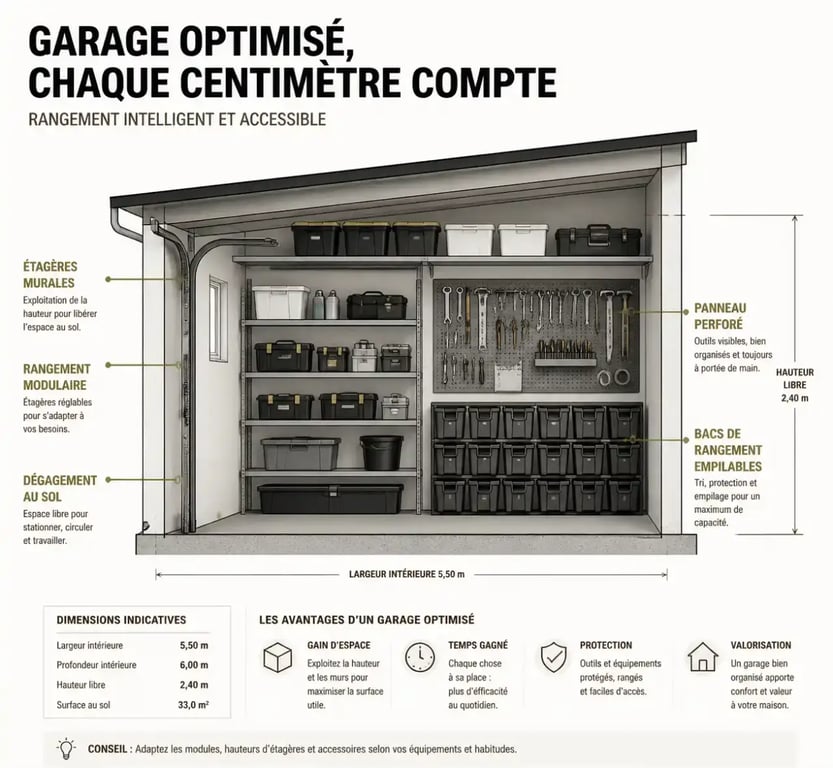 Schéma d'optimisation de rangement pour garage avec étagères et panneaux perforés
