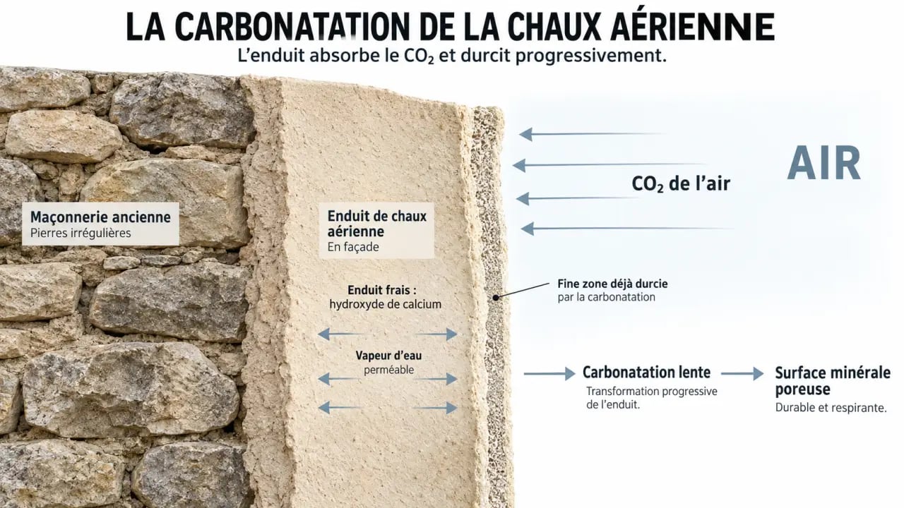 Schéma du processus de carbonatation de la chaux aérienne au contact de l’air