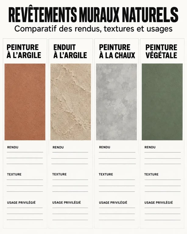 Infographie comparative sur la peinture à l’argile, la chaux, l’enduit à l’argile et la peinture végétale