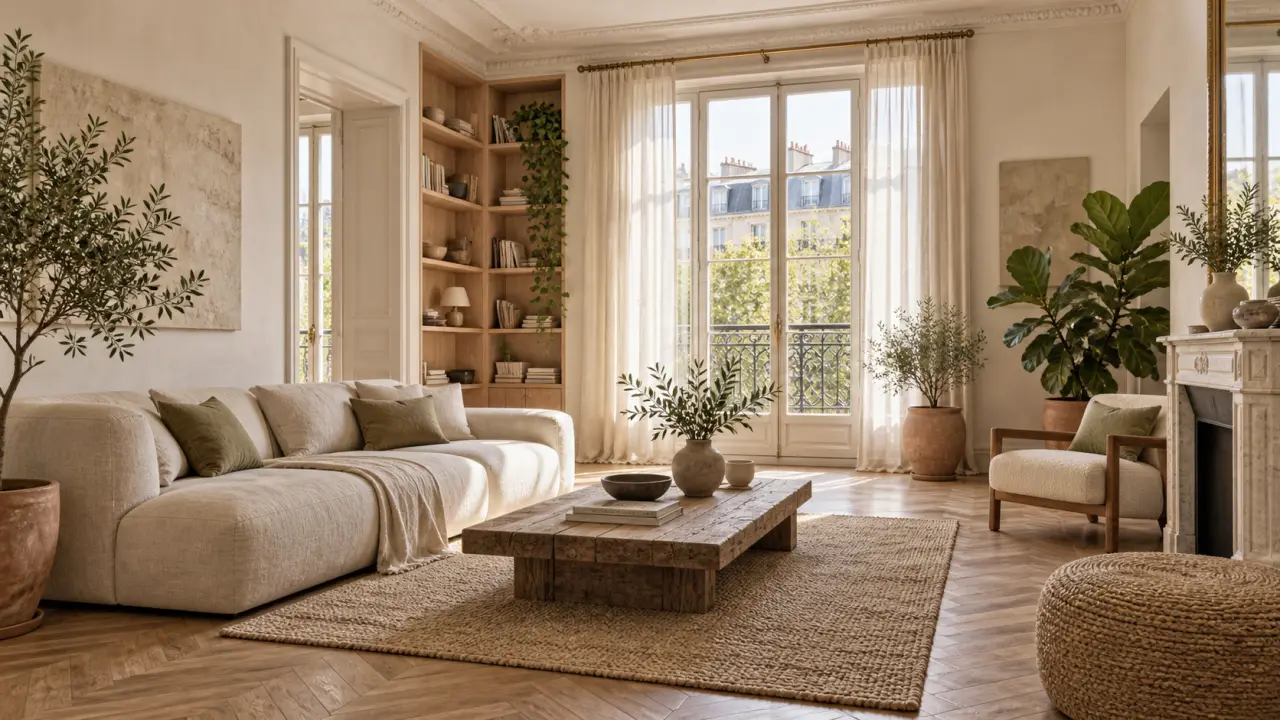 Salon lumineux rénové avec du bois, de la chaux, du lin et des plantes vertes