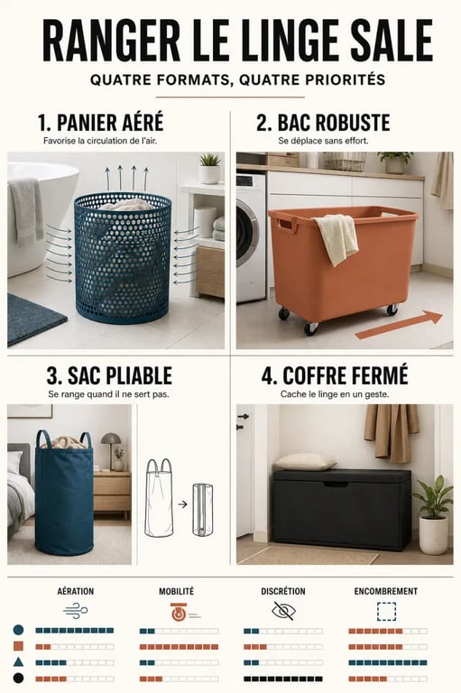 Comparatif des formats de rangement linge sale : panier, bac, sac et coffre
