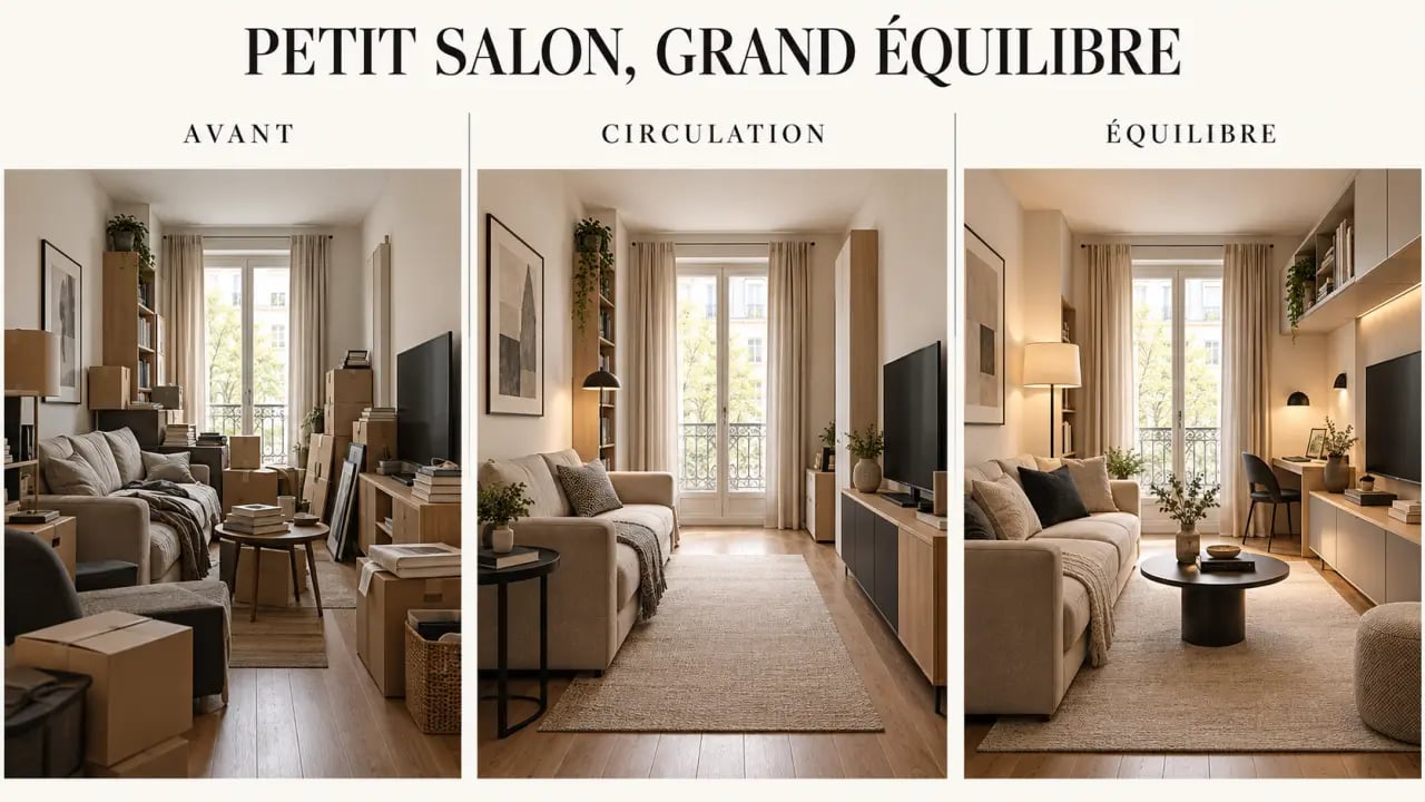 Illustration des étapes pour aménager un petit salon en longueur