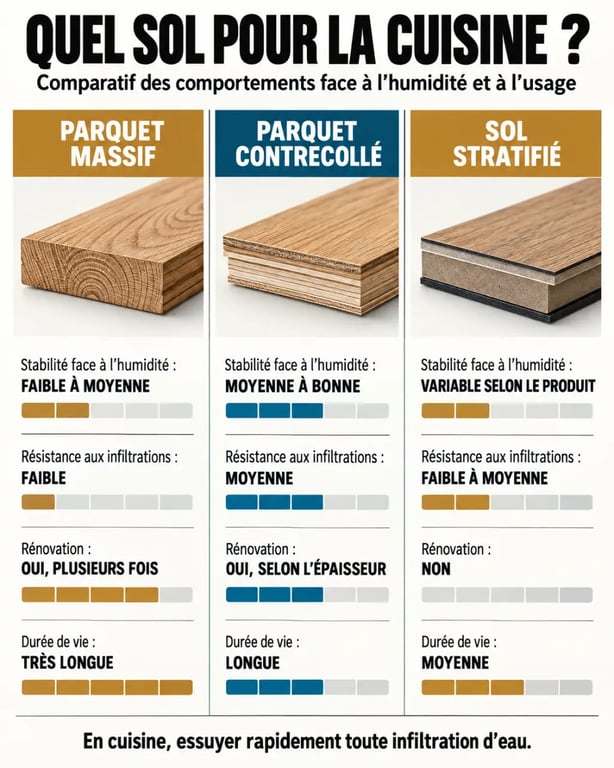 Parquet dans une cuisine : comparaison du massif, du contrecollé et du stratifié