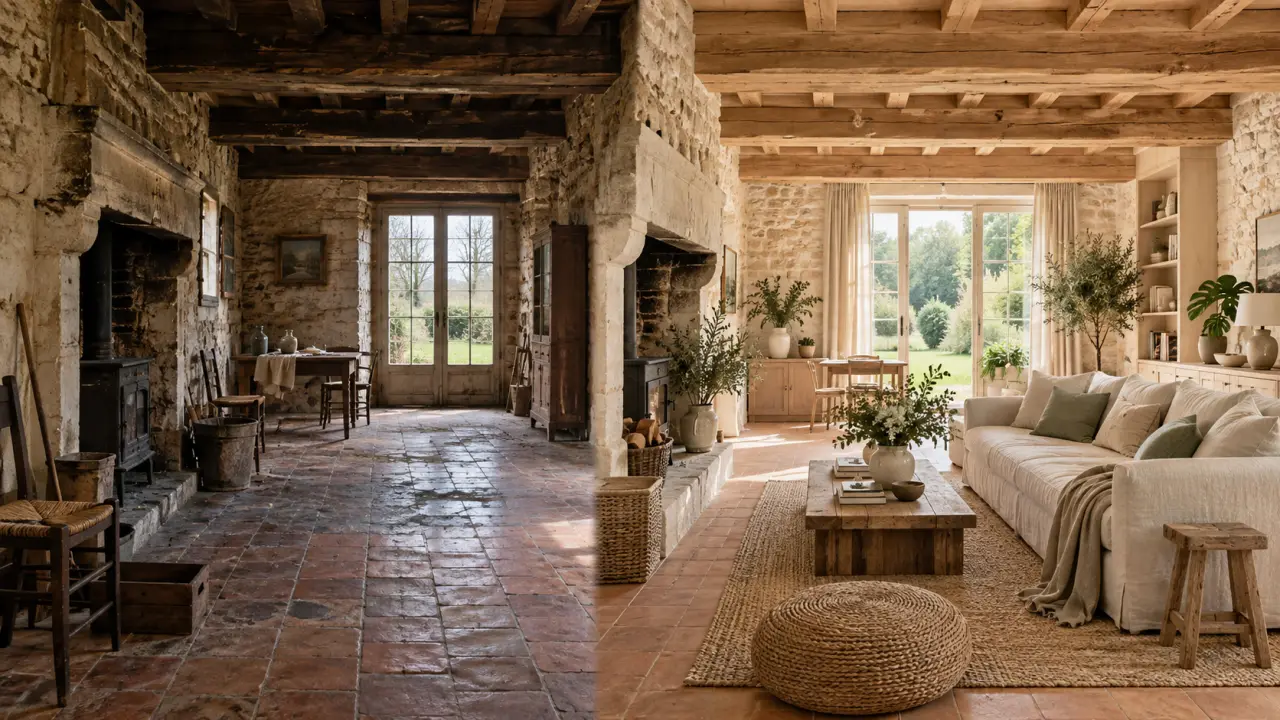 Salon lumineux d’une longère normande rénovée avec des matériaux naturels