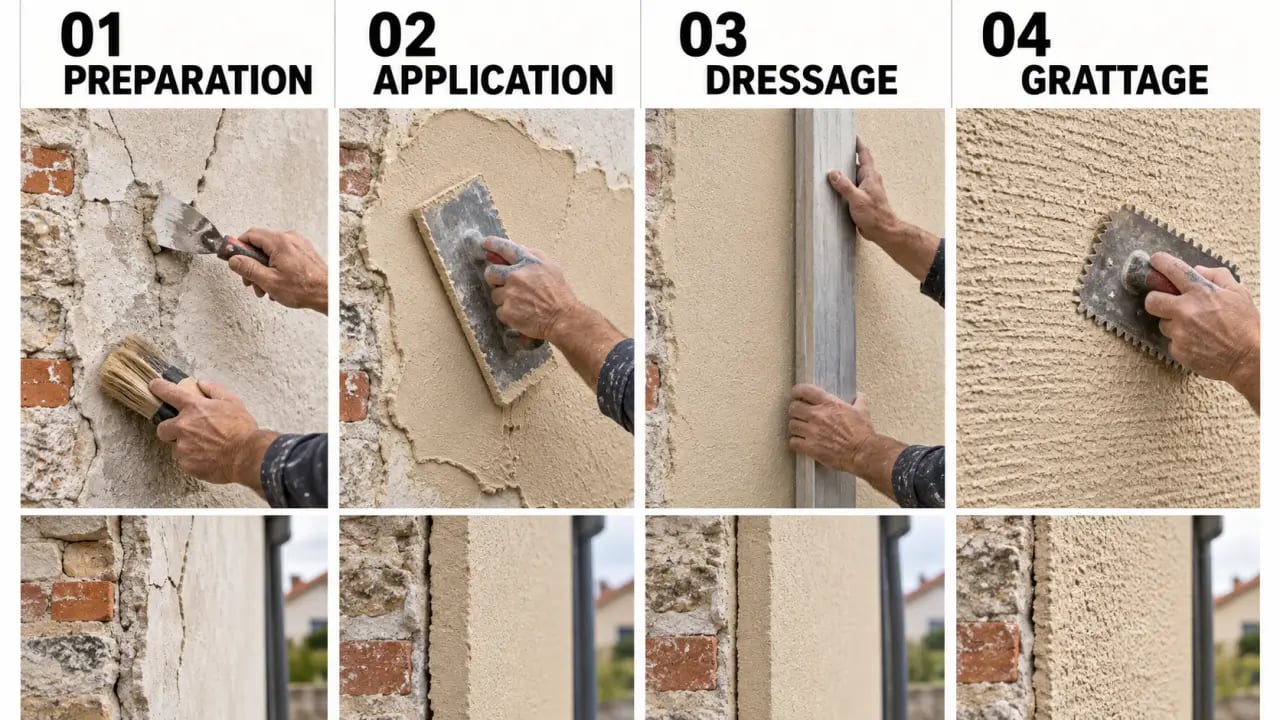 Étapes de mise en œuvre d’un enduit gratté sur une façade