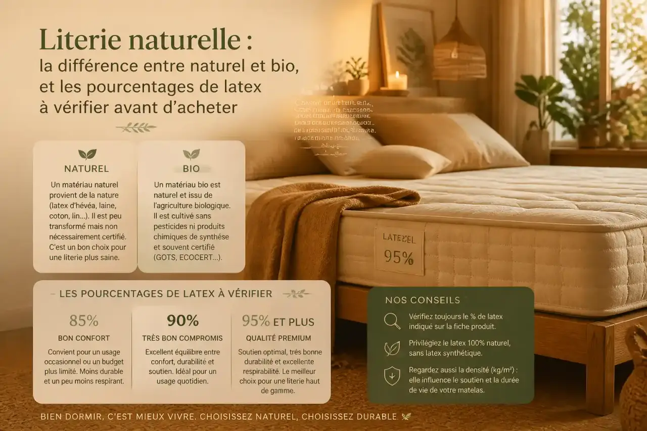 Literie naturelle : la différence entre naturel et bio, et les pourcentages de latex à vérifier avant d'acheter