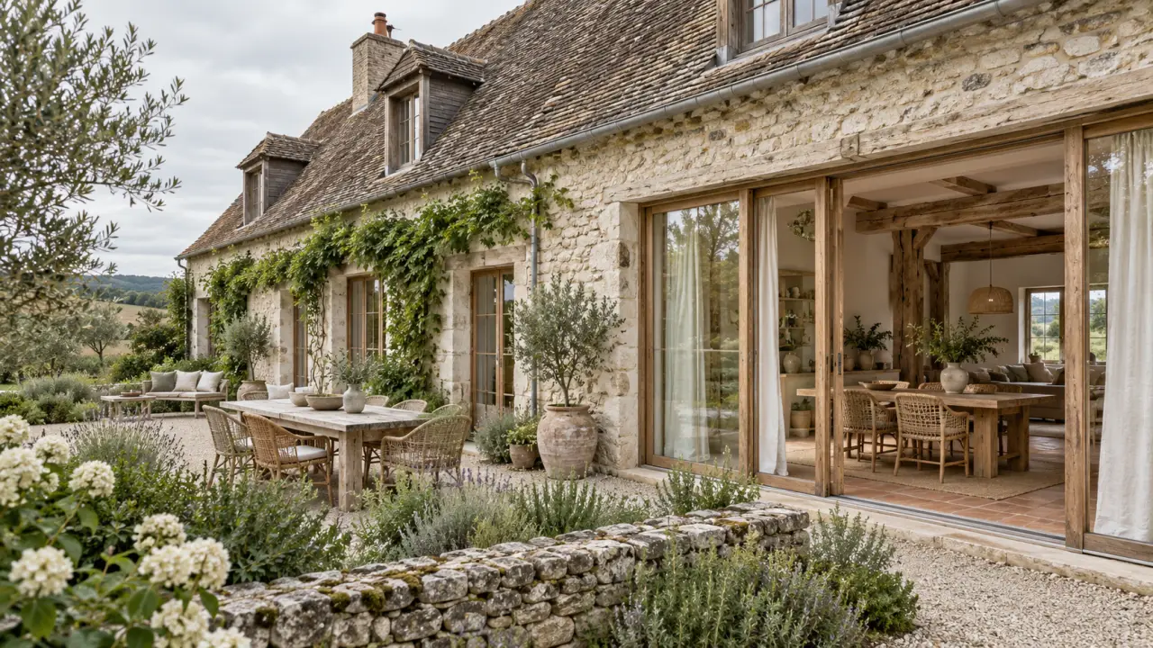 Intérieur lumineux d’une longère normande rénovée avec des matériaux naturels