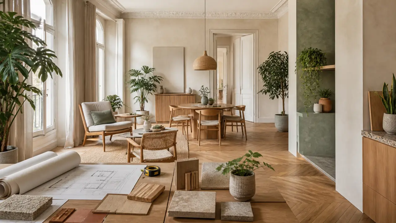 Intérieur lumineux rénové avec des matériaux naturels, plantes vertes et ambiance apaisante