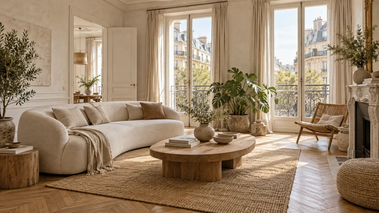 Salon lumineux rénové avec du bois, des matériaux naturels et des plantes vertes