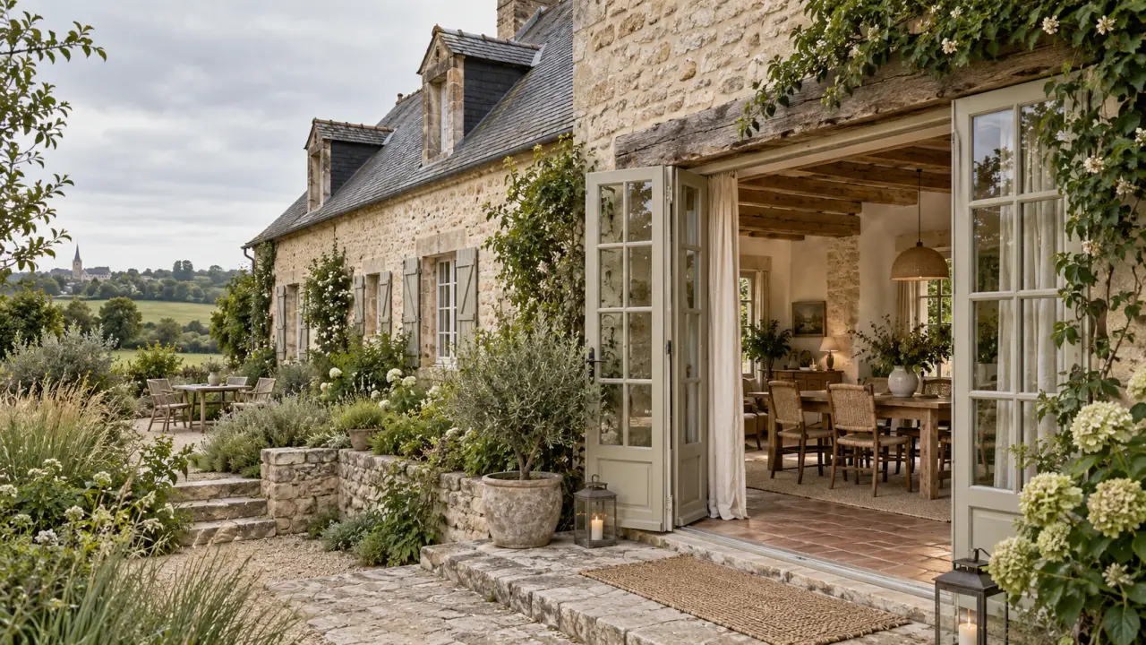 Intérieur lumineux d’une longère normande rénovée avec des matériaux naturels