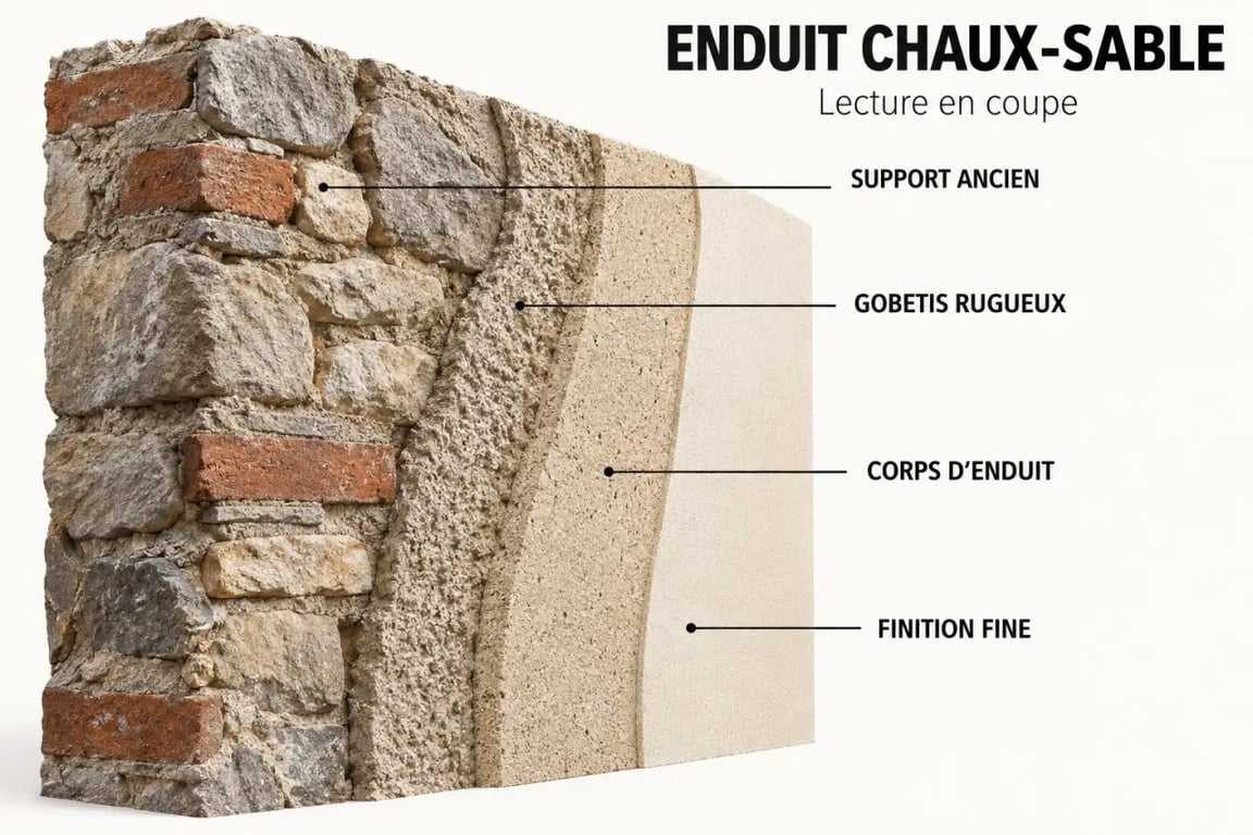 Schéma des trois couches d’un enduit chaux-sable sur un mur ancien