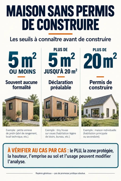 Infographie sur la maison sans permis de construire et les seuils de formalité selon la surface