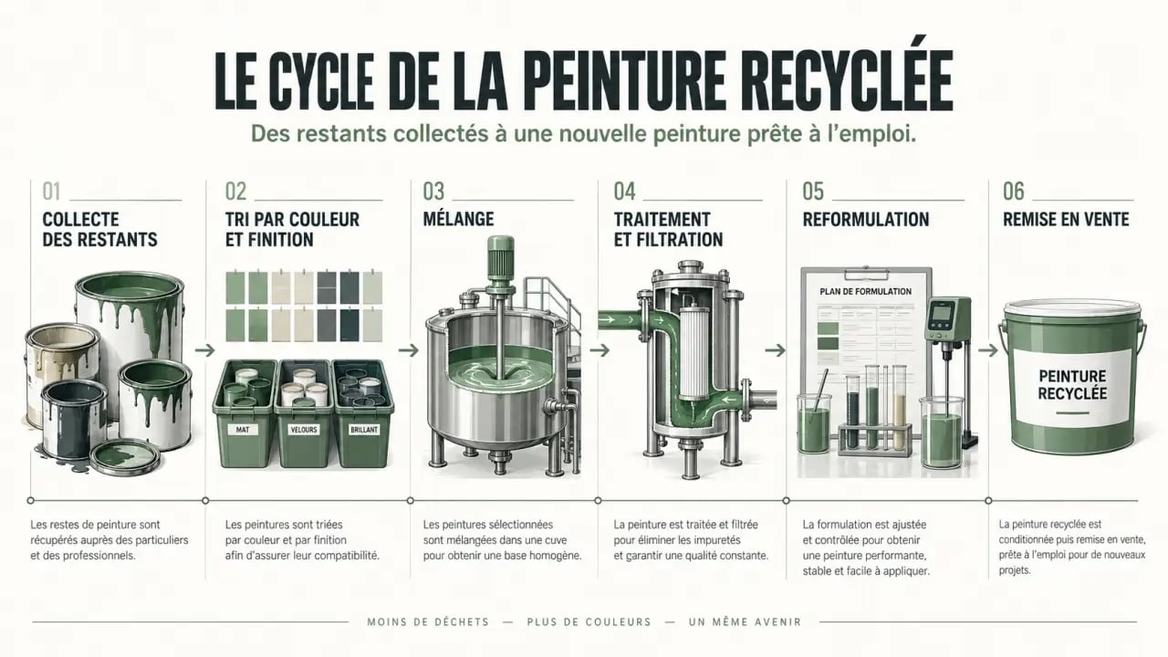 Schéma du cycle de fabrication de la peinture recyclée, de la collecte à la remise en vente