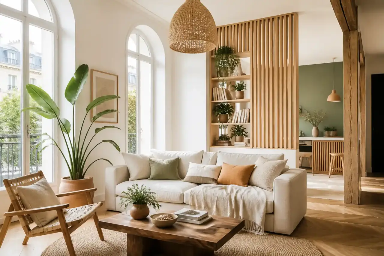 Intérieur éco-conçu et lumineux avec des matériaux naturels et plantes vertes