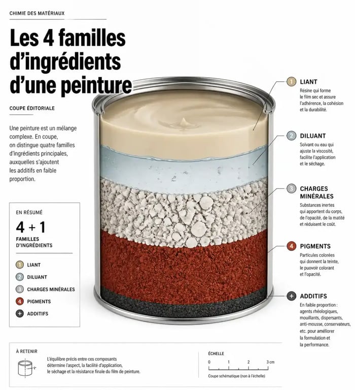Schéma des quatre composants de la fabrication de peinture : liant, diluant, charges et pigments