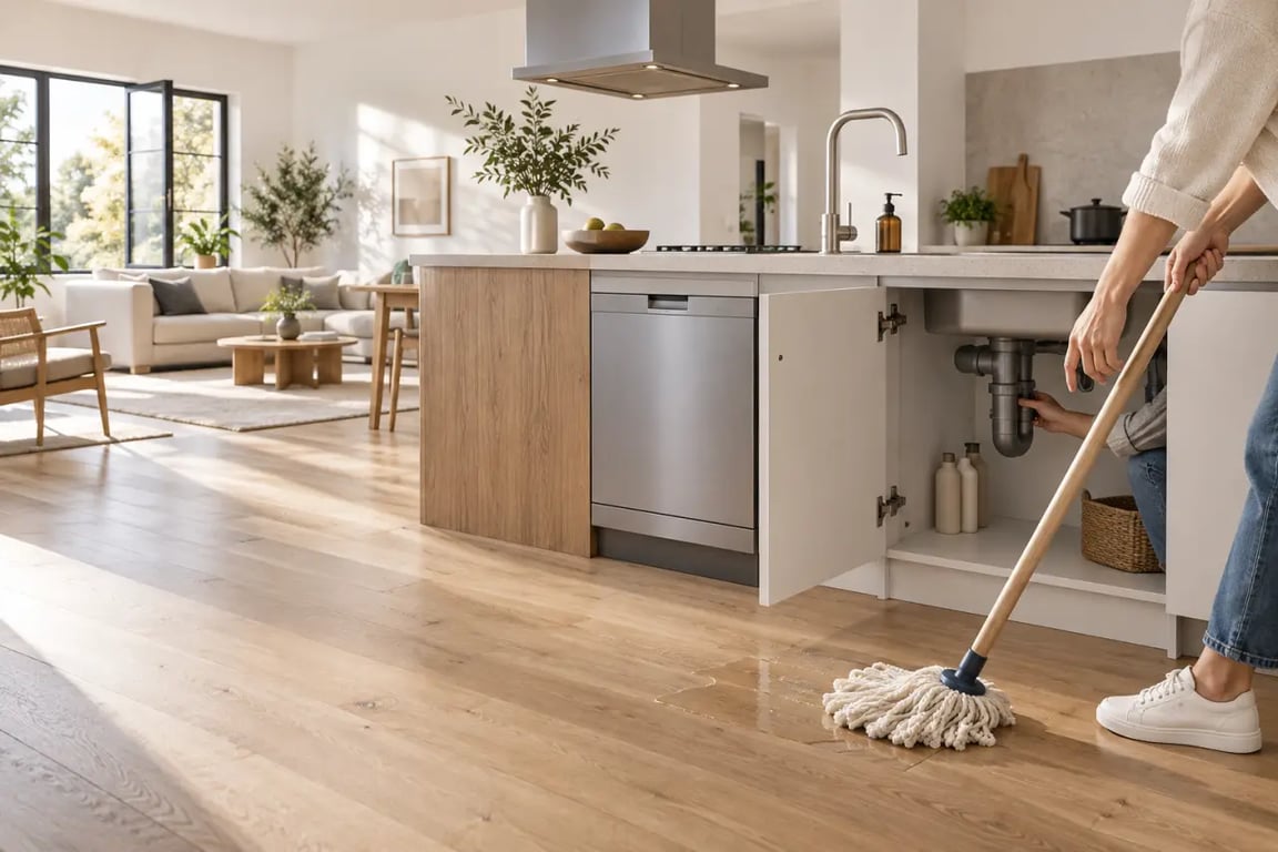 Parquet dans une cuisine ouverte avec zones de vigilance autour de l’évier et du lave-vaisselle