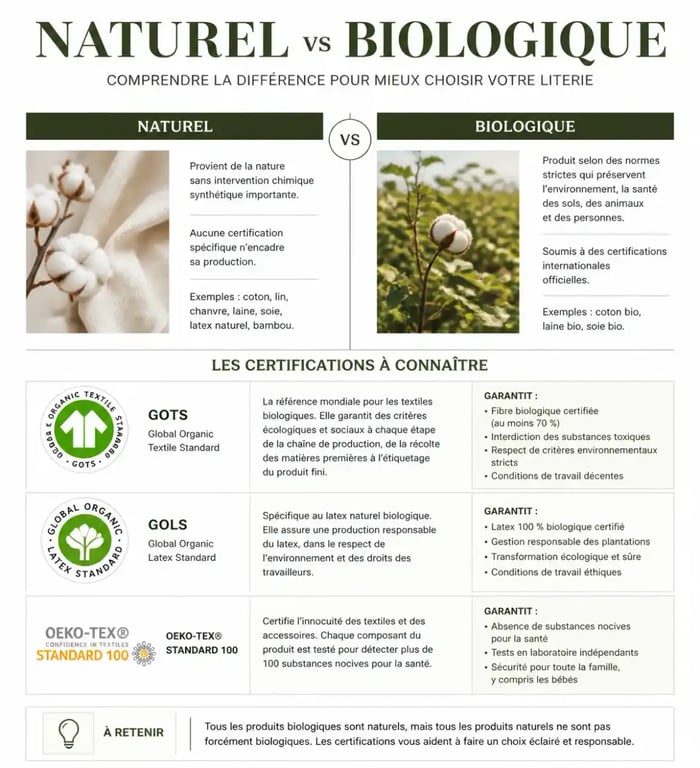 Guide visuel des labels de literie naturelle : GOTS, GOLS et OEKO-TEX