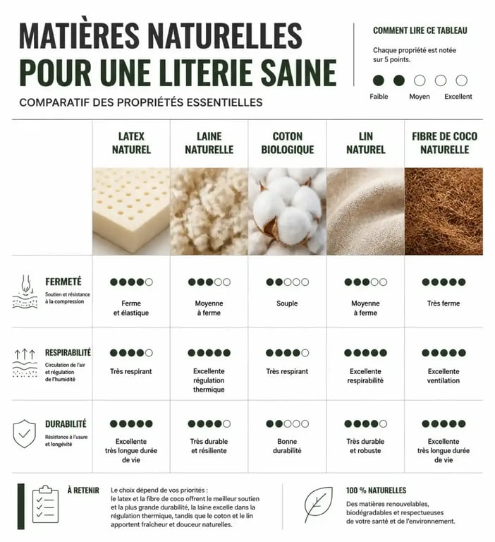 Infographie comparative des matières pour literie naturelle : latex, laine, coton, lin et coco
